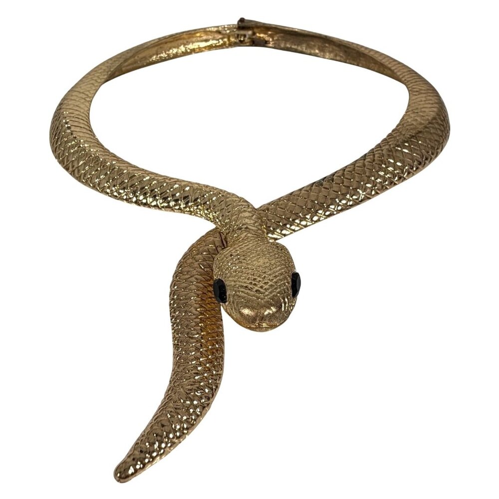 Gold-Tone Snake Cobra Hinged Choker Necklace Black Stone Eyes